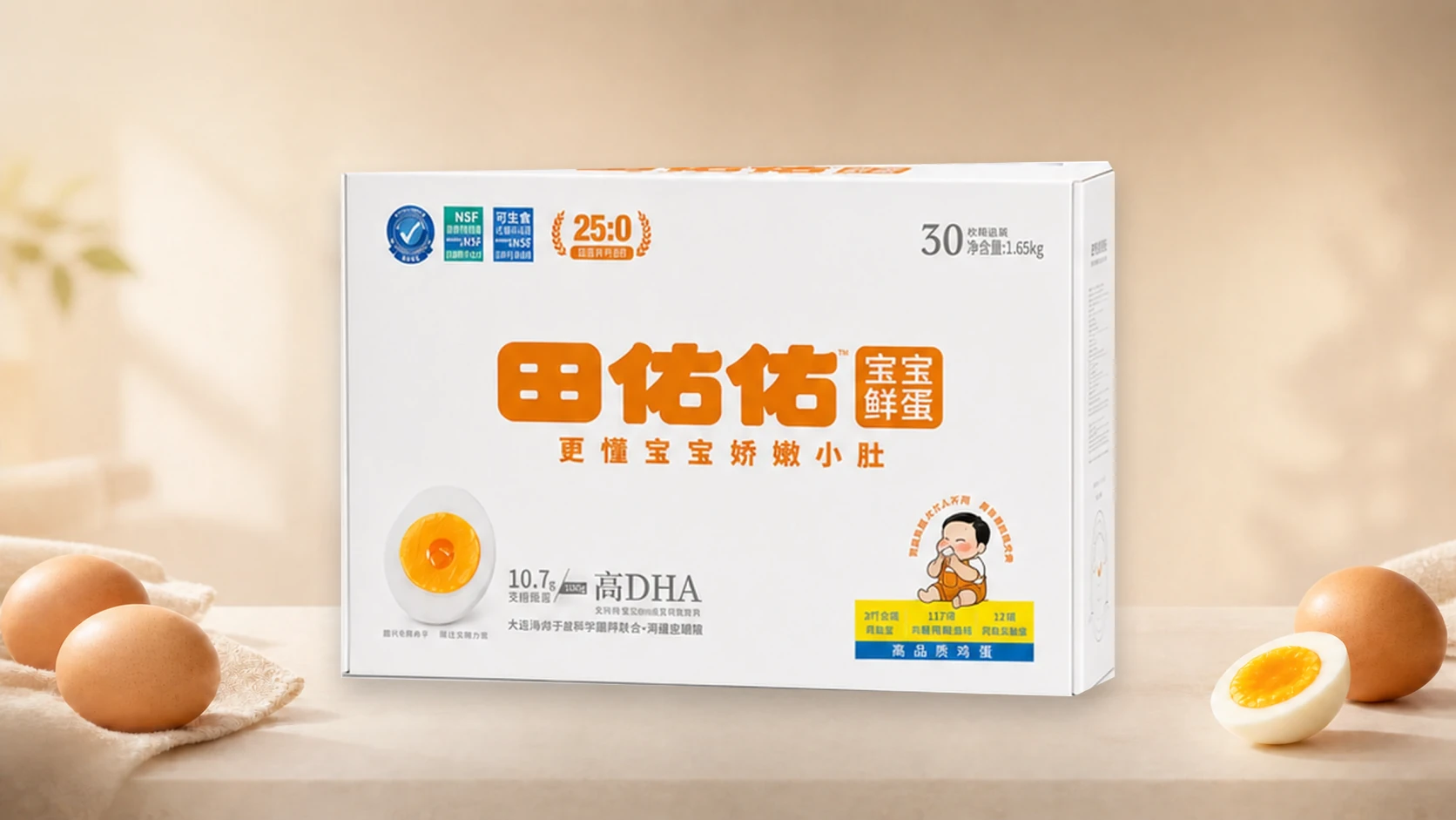 田佑佑宝宝鲜蛋三十枚家庭装包装与鸡蛋组成的商品主视觉